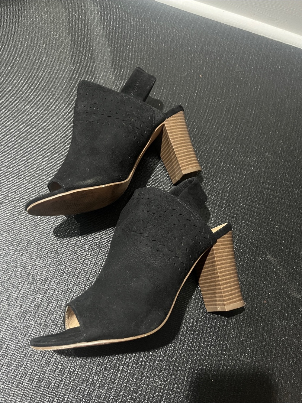 Black Suede Peep Toe Block Heel Sandals - Women